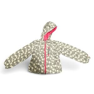 London Fog Girl's Hooded Winter Coat 7/8 Gray Cream Zip Up Floral Pattern Jacket